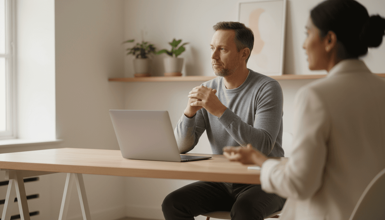 Professional man in thoughtful reflection during a coaching session, warm natural light
