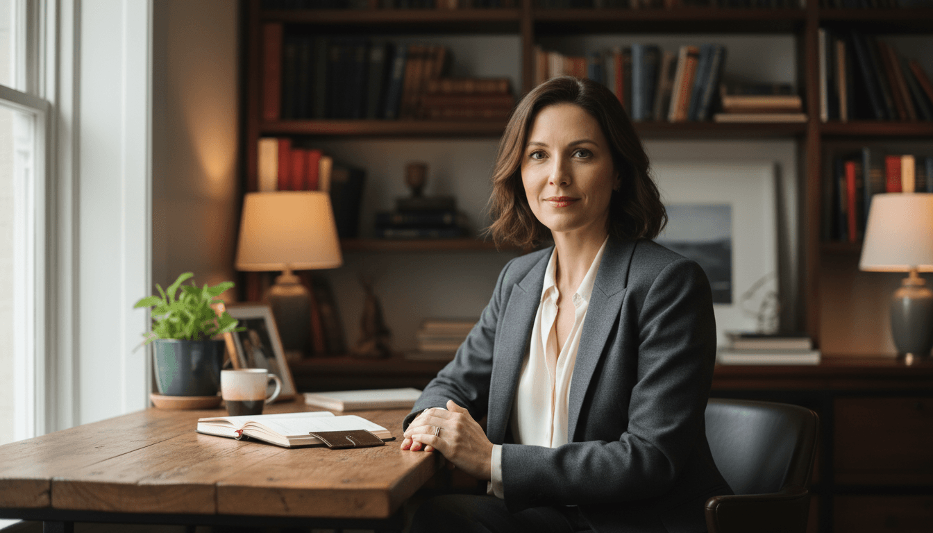 Professional woman in thoughtful moment at her desk, representing leadership growth and personal development