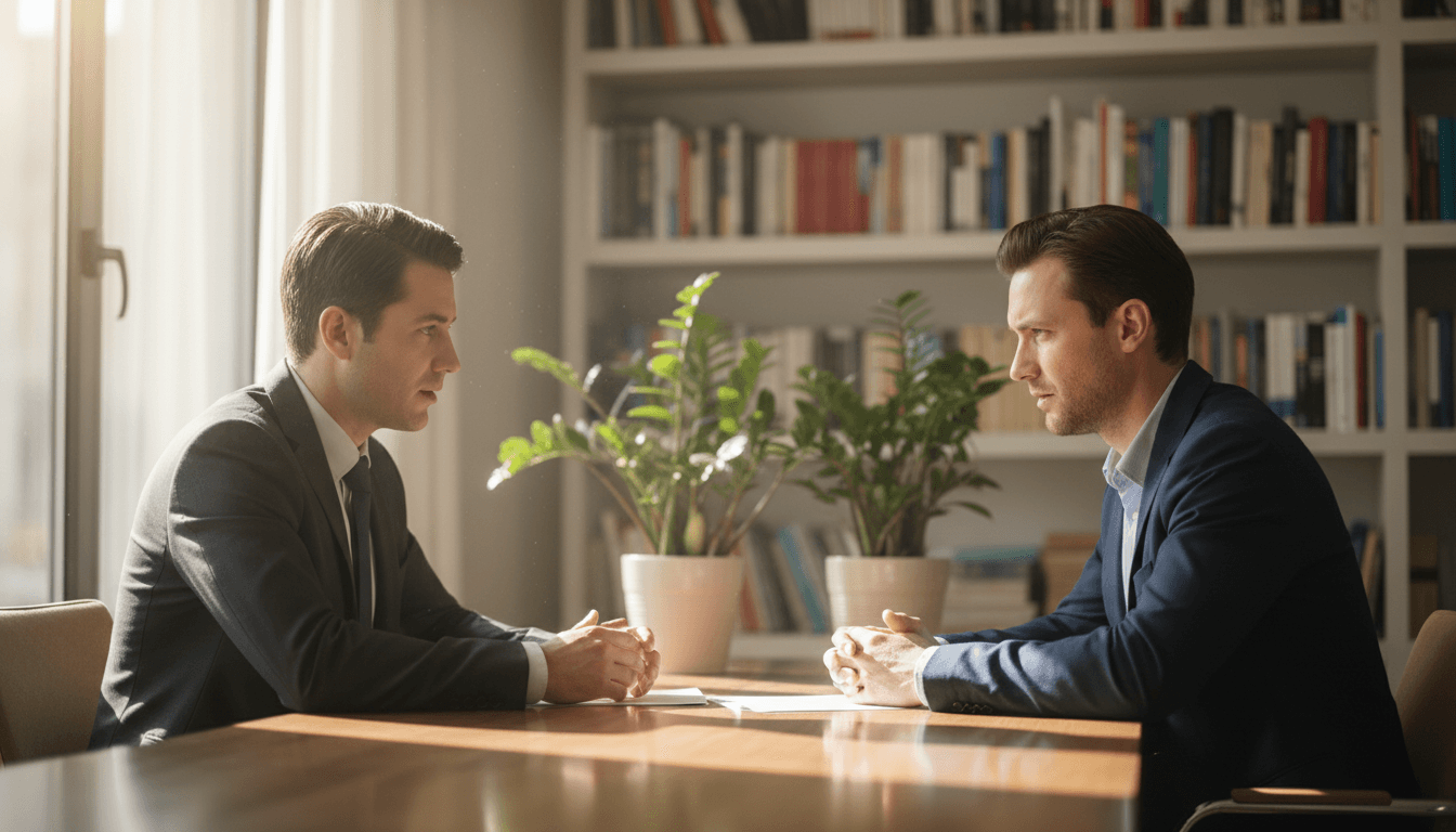 Two professionals having a meaningful conversation in a quiet, light-filled space