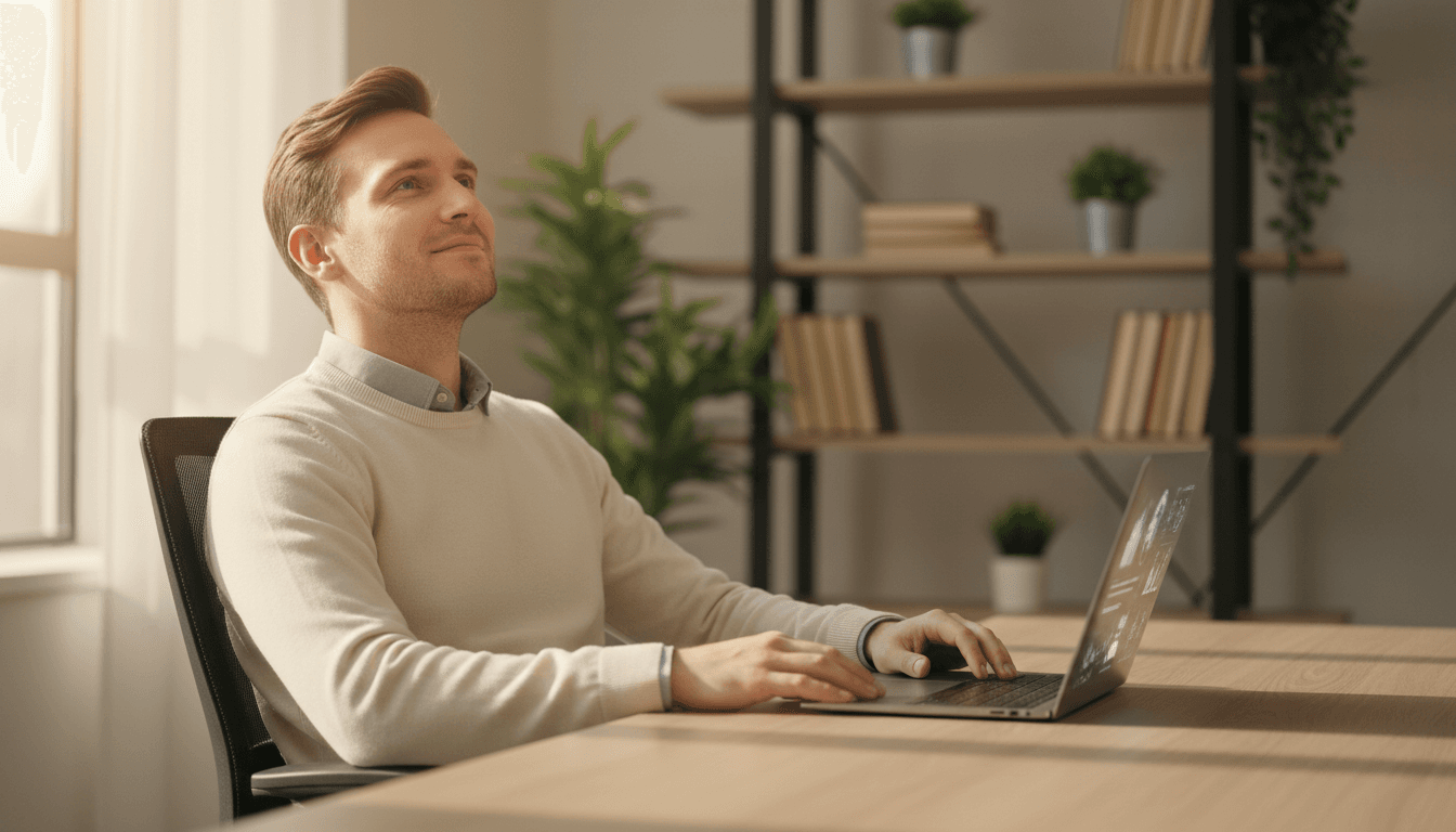 Professional man in thoughtful moment at desk, representing leadership growth and clarity
